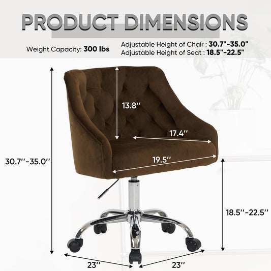Velvet Office Swivel Chair, Vanity Chair, Fabric Desk Chair, Pretty Fancy Chair, Gold Office Chair for Girls, 360°Swivel Height Adjustable Reception Chair (BROWN1)-1