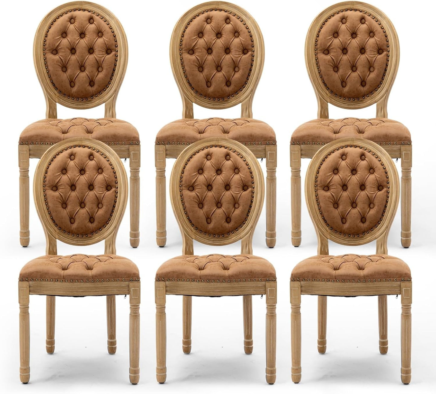 PU Leather Upholstered Dining Chairs Set of 6 French Country round Back Kitchen Side Chairs with Nailhead Trim and Wood Legs for Dining Room, Kitchen, Restaurant(Orange)-0