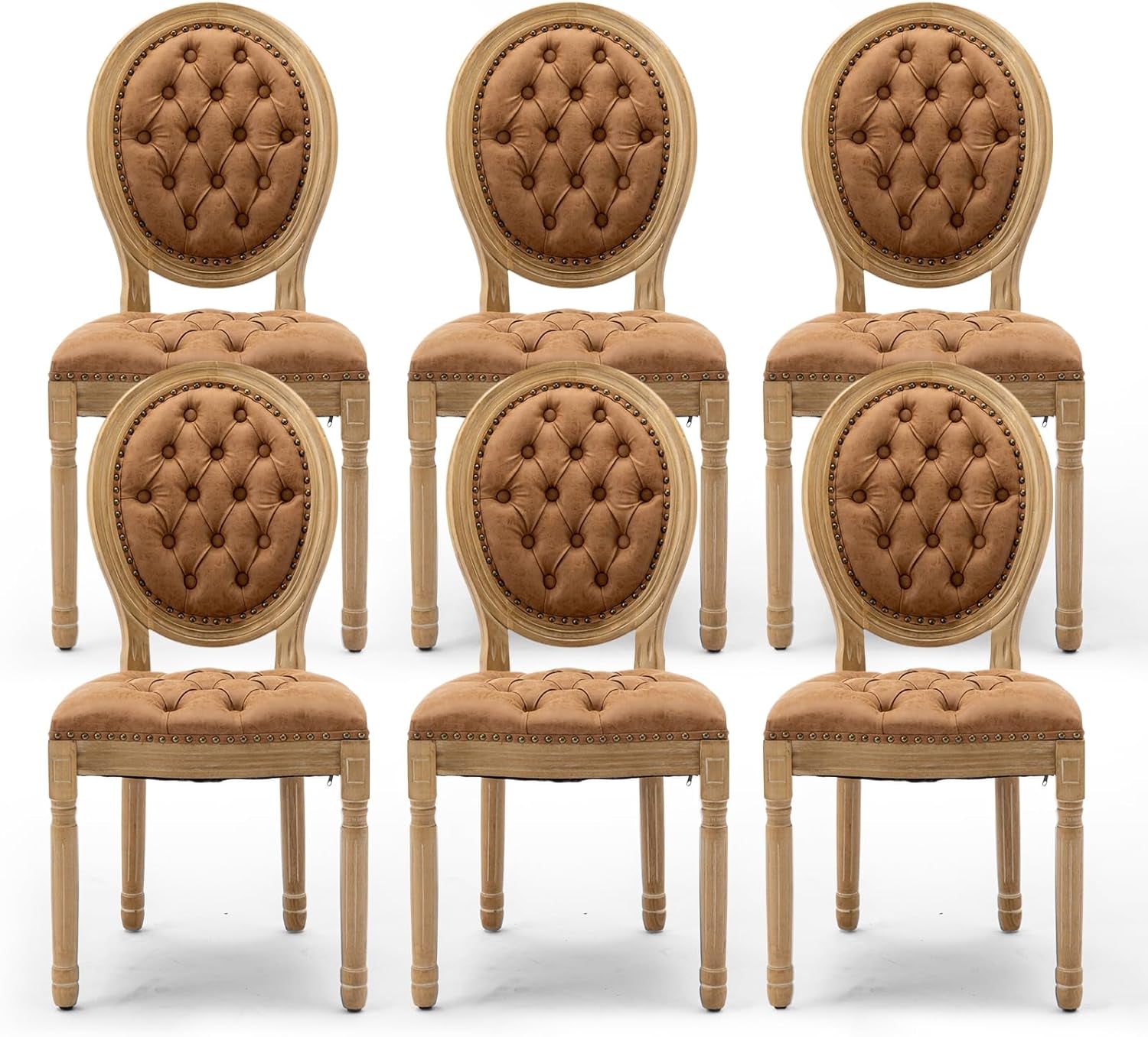 PU Leather Upholstered Dining Chairs Set of 6 French Country round Back Kitchen Side Chairs with Nailhead Trim and Wood Legs for Dining Room, Kitchen, Restaurant(Orange)-0