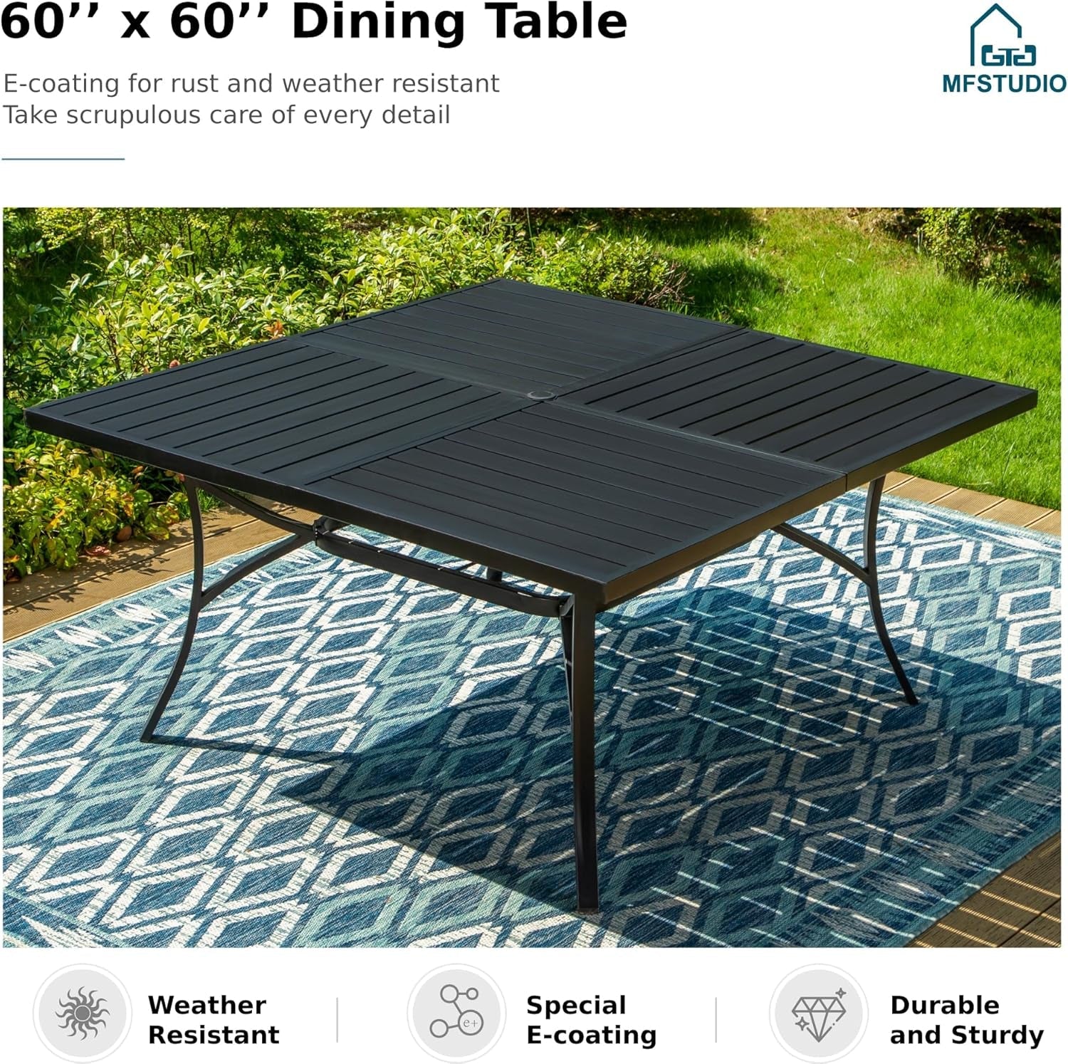 9 Pieces Patio Dining Sets,Outdoor Furniture Set Including 1X 60 Square Table and 6 Padded Sling Swivel Chairs Metal Dining Set for Backyard,Blue-2