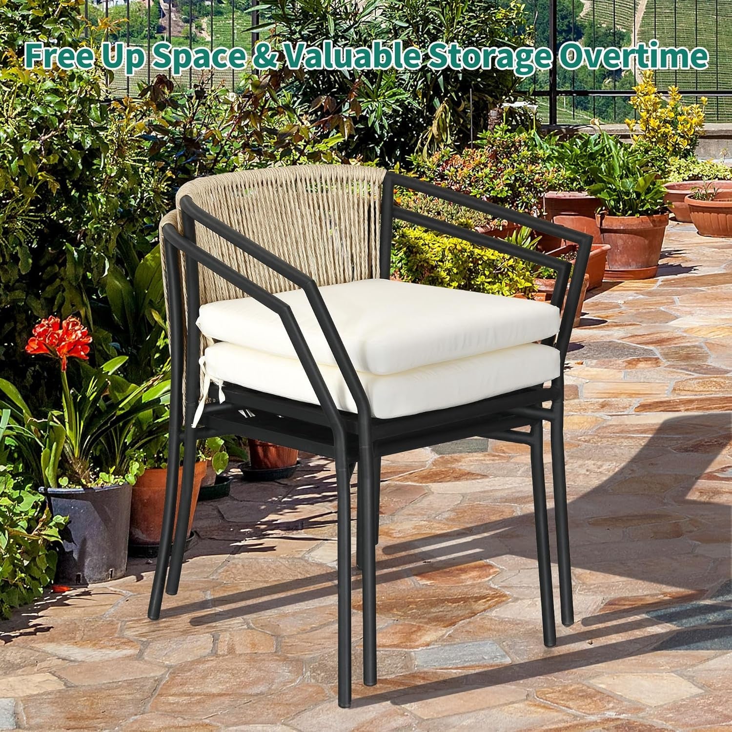 Wicker 3-Piece Outdoor Bistro Set, All-Weather Patio Conversation Set with Stackable Chairs & Table, Outdoor Sectional Furniture Set for Balcony, Backyard, Pool, Porch, Deck - Beige-3