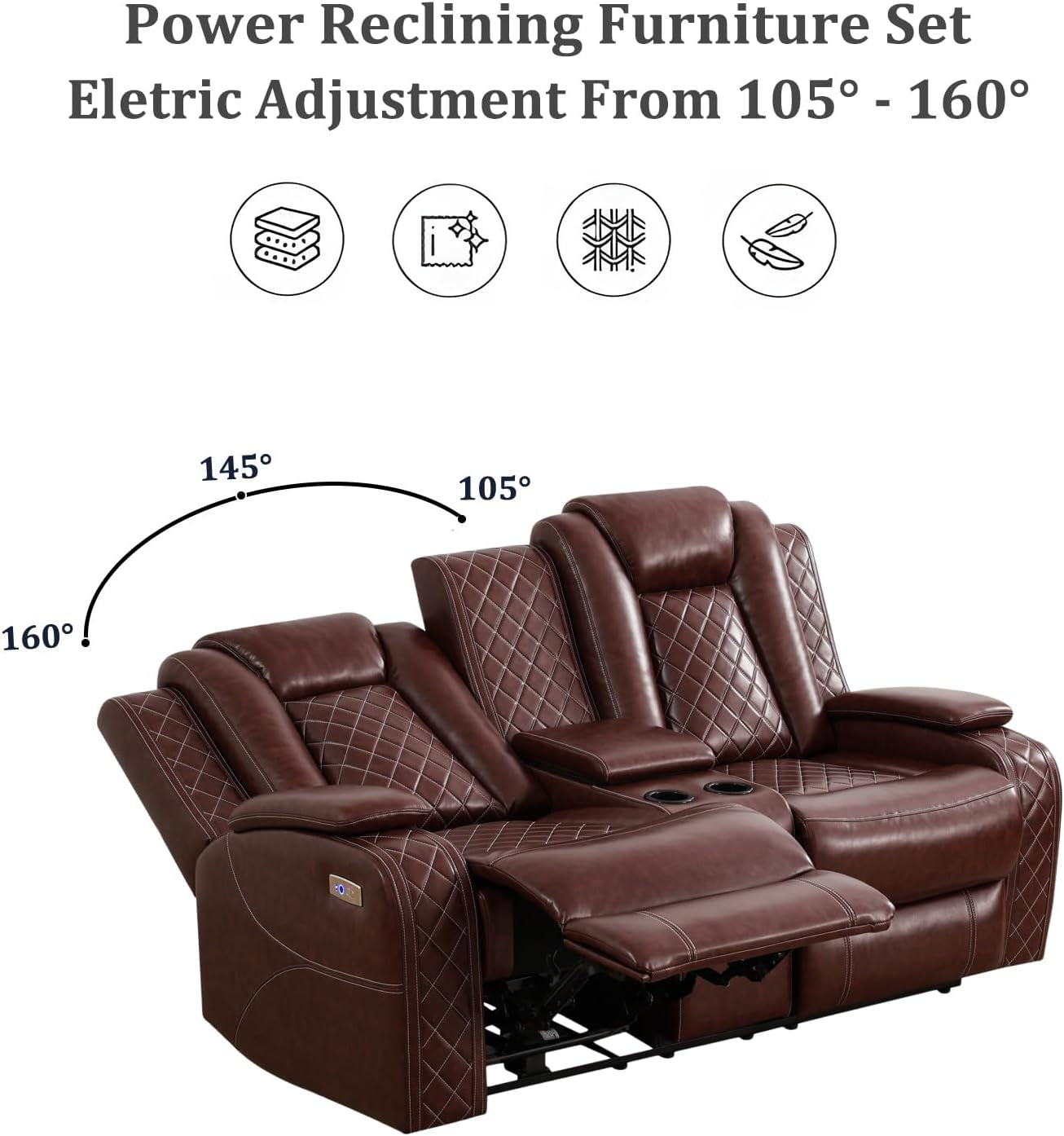Power Reclining Sofa Set, Living Room Furniture Set with USB Ports, Leather Recliner Couches Set for Living Room/Apartment/Office/Home Theather (Burgundy, Sofa+Loveseat+Chair)-3