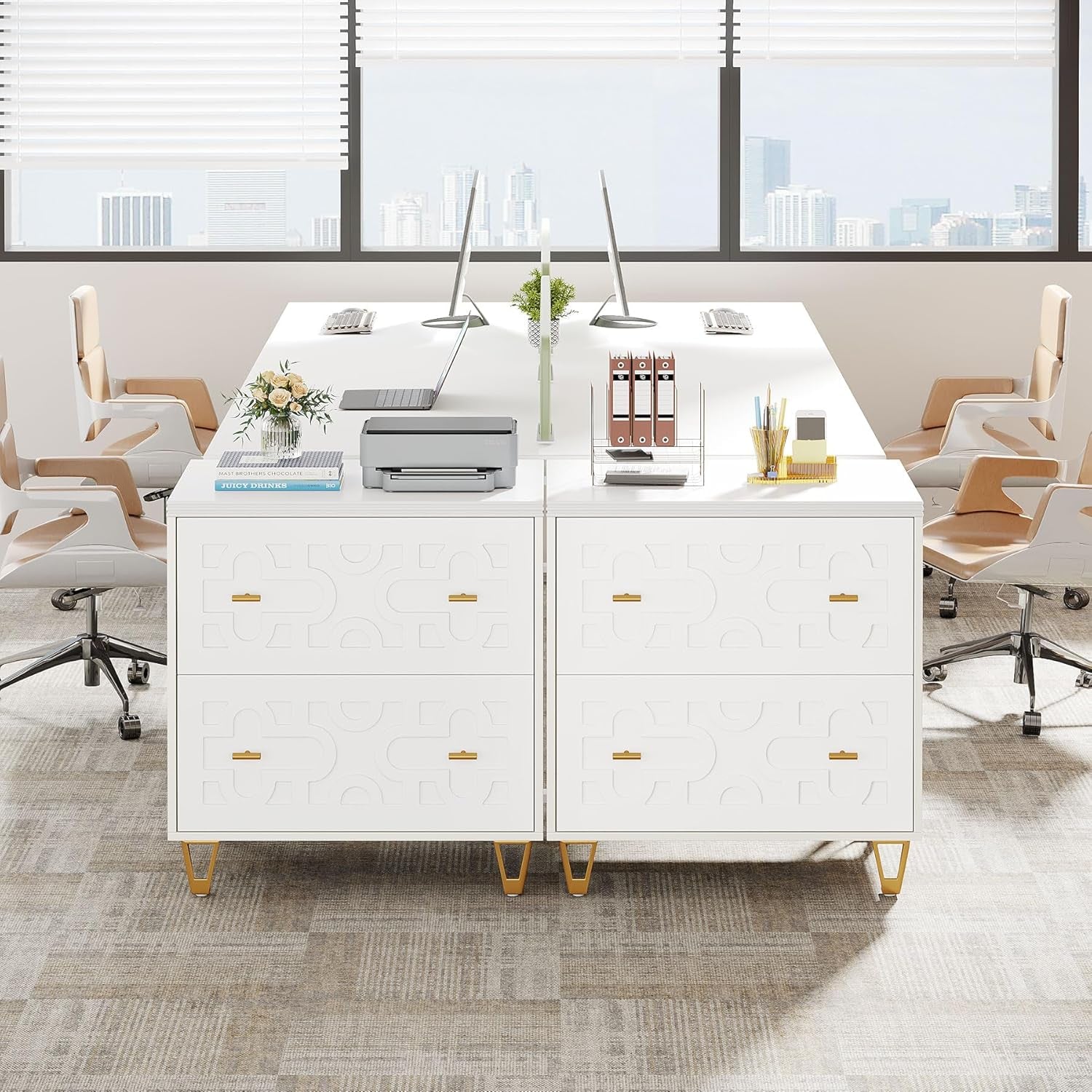 2-Drawer Lateral File Cabinet, Modern White Filing Cabinet for Legal/Letter/A4 Size, Large Storage Filing Cabinet Printer Stand for Home Office, White and Gold-4
