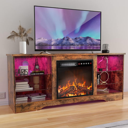 Fireplace TV Stand with 18''Fireplace, Modern Entertainment Center for Tvs up to 65 Inch, Media TV Console with Adjustable Glass Shelves and Storage Cabinets(Brown)-0
