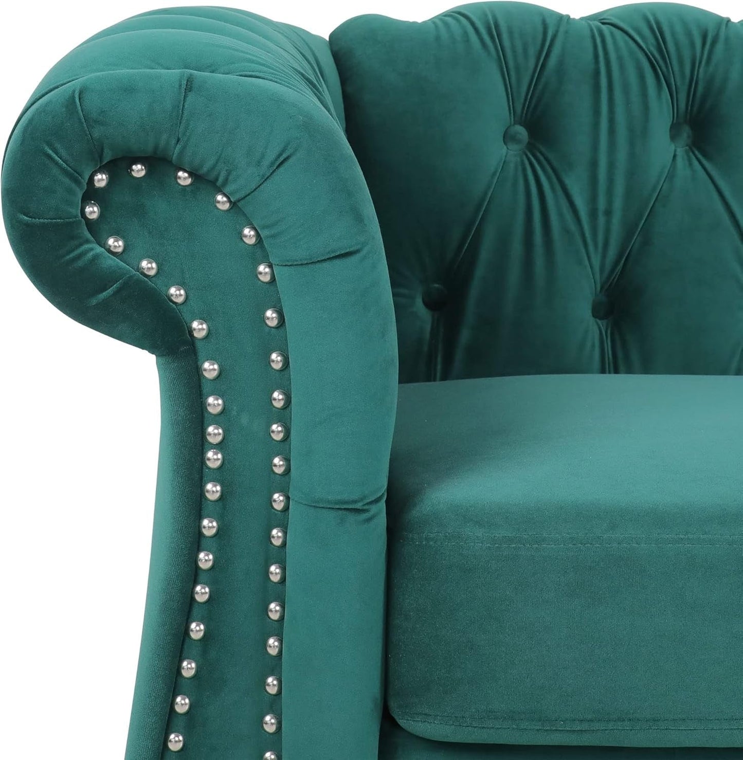 3 Pieces of Living Room Furniture Sofa Sets, Modern Velvet Chesterfield Sofa&Chesterfield Club Chair&Chesterfield Loveseat Sofas Set with Nailhead Trim Scroll Arms for Living Room(Green)-3