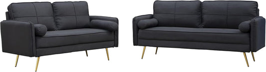 Modern 2 Piece Sofa Set Velvet Loveseat & Sofa Set Tufted Loveseat & Couch Set Upholstered Living Room Furniture Set with Bolsters & Metal Legs for Living Room,Bedroom,Dorm - Black-0