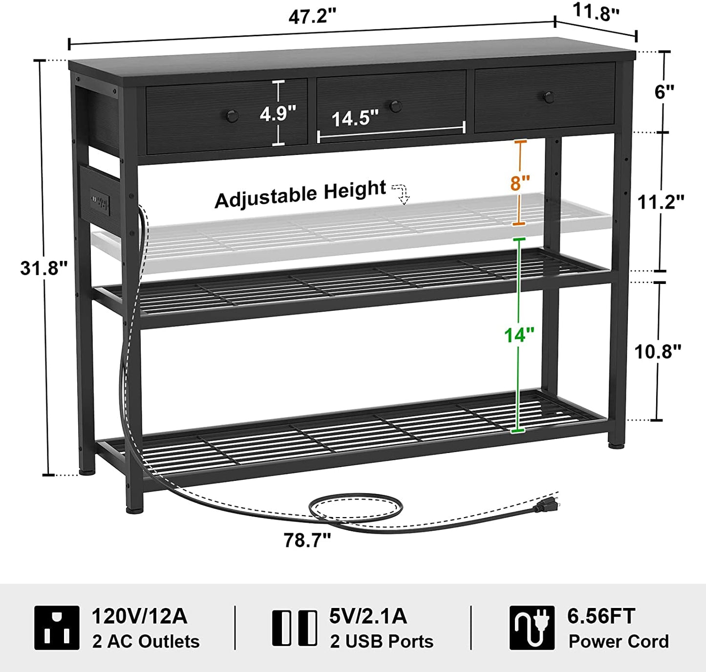 Black Console Table with Outlets and USB Ports-2