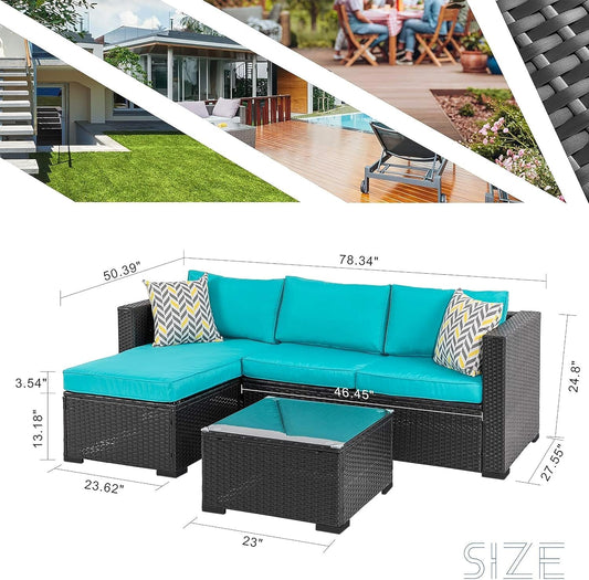 Outdoor Wicker Patio Sofa Set, Black All-Weather Rattan Small Sectional Patio Set and Chaise Lounge W/ Glass Coffee Table and Washable Couch Cushions Patio Conversation Set (3 Piece,Blue)-1