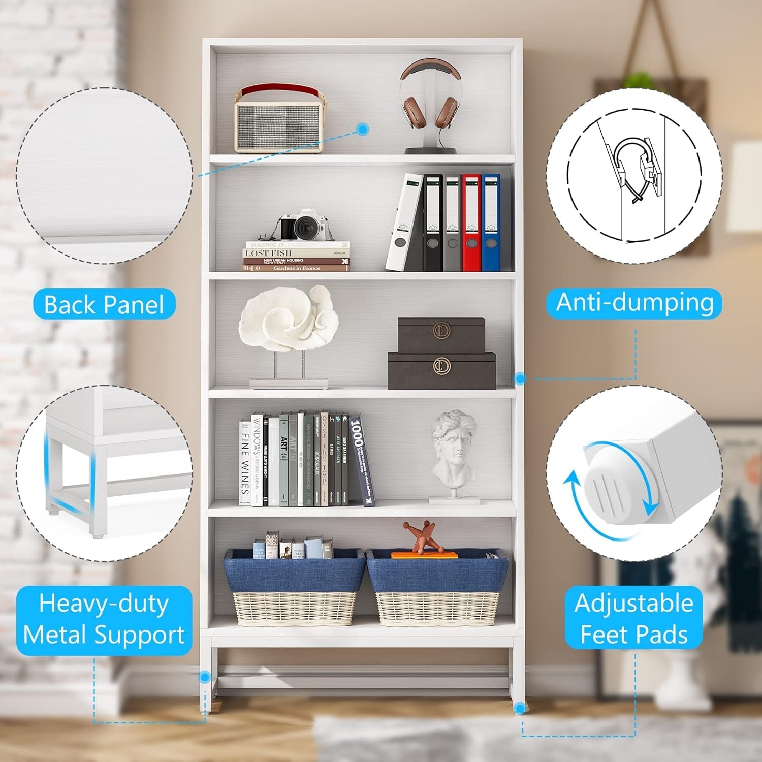 Tall Bookcase and Bookshelf, 70.8” Large Bookcases Organizer with 5-Tier Storage Shelves, Heavy Duty Free-Standing Library Bookshelf Shelving Unit for Living Room, Bedroom, Office (White)-4