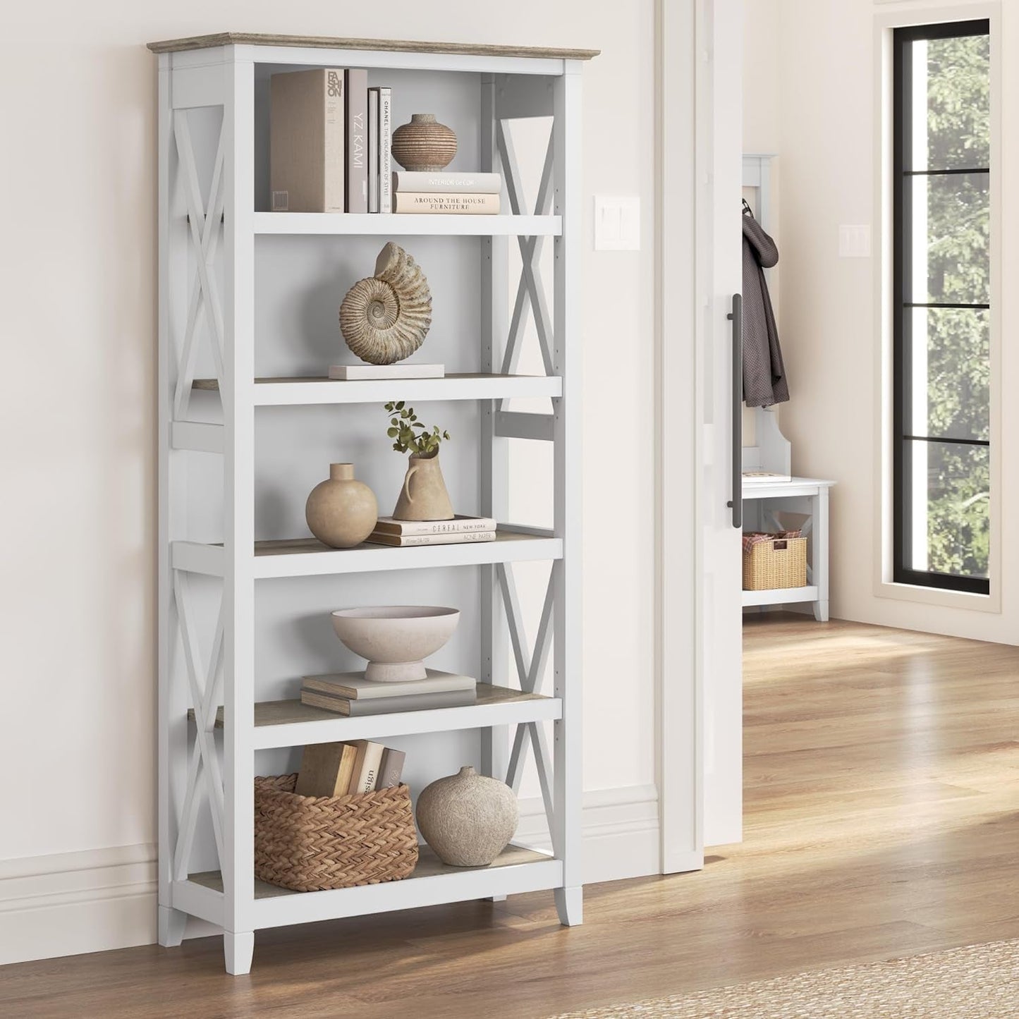 Bush Furniture BSH24470221 Key West 5-Shelf 66-Inch H Bookcase, Shiplap Gray/Pure White-1