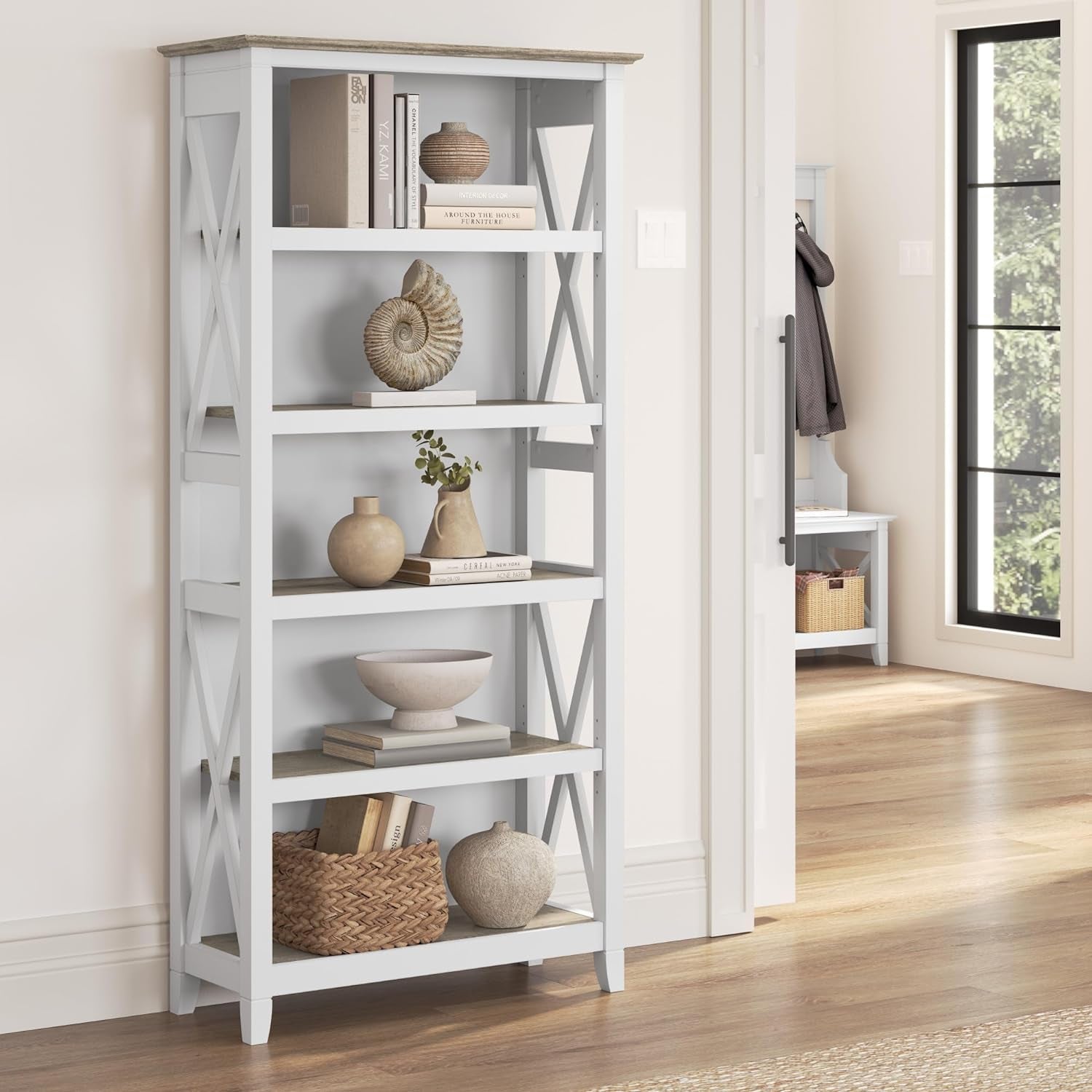 Bush Furniture BSH24470221 Key West 5-Shelf 66-Inch H Bookcase, Shiplap Gray/Pure White-1