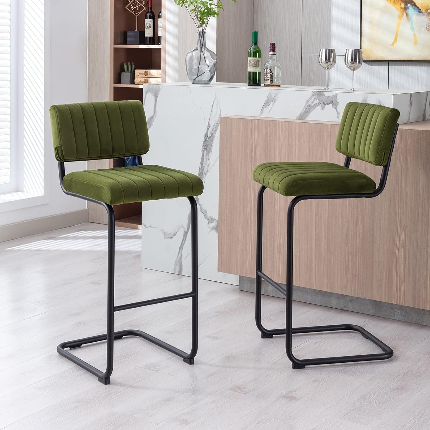 30'' Modern Bar Stools with Tufted Backs, Upholstered Velvet Fabric Bar Height Stools Chairs, Mid Century Cantilever Barstools for Kitchen Island Pub Set of 2-0