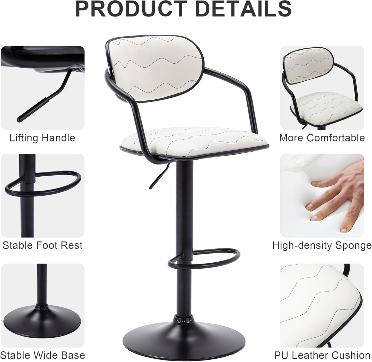 Bar Stools Set of 2, Adjustable Counter Height Barstools with Back and Arm, Swivel Bar Chairs/Pu Leather Kitchen Island Stools for Pub/Dining Room/Living Room, White-4