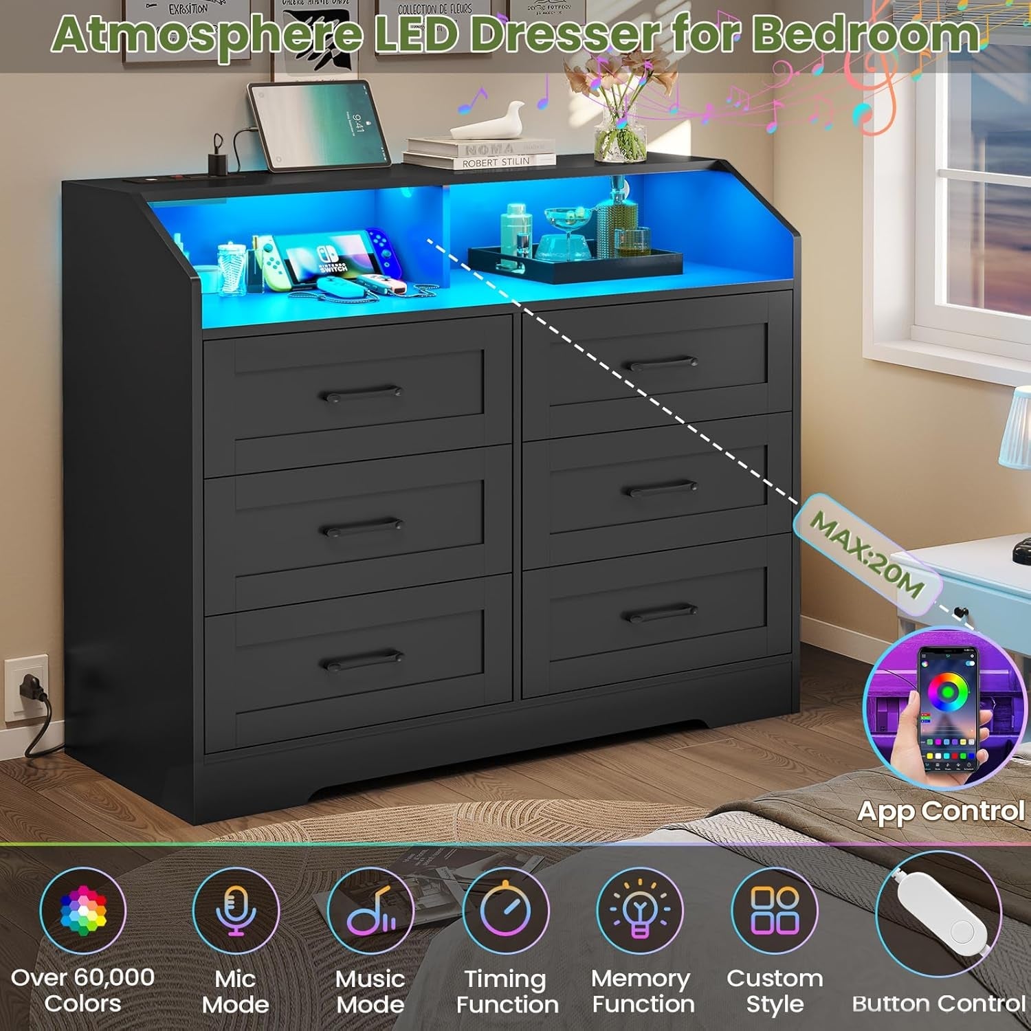 Black Dresser for Bedroom with LED Lights and Charging Station, Modern Wood 6 Drawers Storage Tower Clothes Organizer, Large Capacity Chest of Drawers Storage Cabinet for Bedroom, Living Room-4