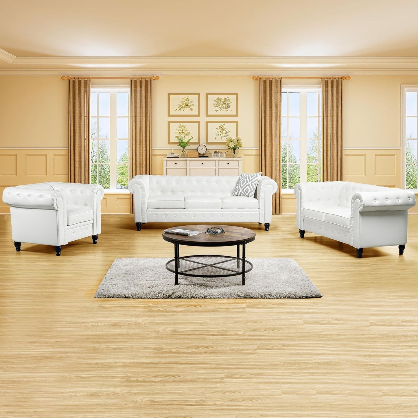 Emery Chesterfield 3 Piece Living Room Sectional Sofa Set Rolled Arms, Tufted Cushion Sofas for Living Room Set Includes Sofa, Loveseat Couch, Accent Arm Chair / Easy Tool-Free Assembly – off White-0