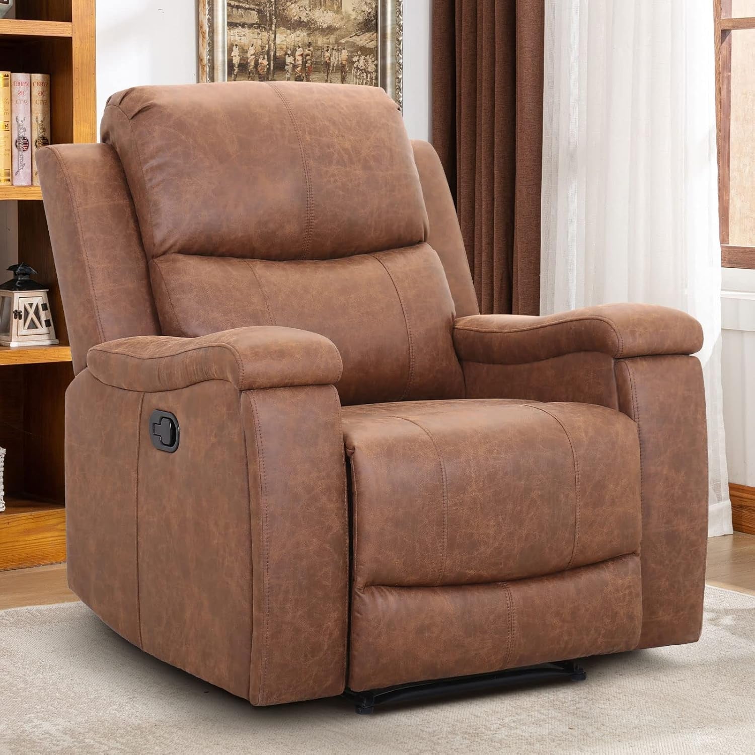 Leather Recliner Chair, Classic and Traditional Manual Recliner Chair with Overstuffed Arms and Back, Manual Single Sofa with Concealed Cup Holders, Brown-2