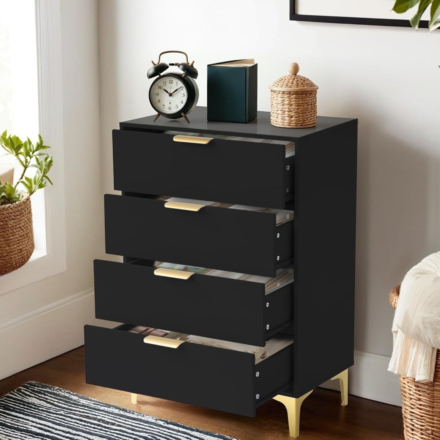 Dresser for Bedroom with 4 Drawers, Wood Chest of Drawers, Dresser Storage Cabinet, 4 Drawer Dresser for Bedroom, Living Room, Entryway, Cloakroom (Black)-3