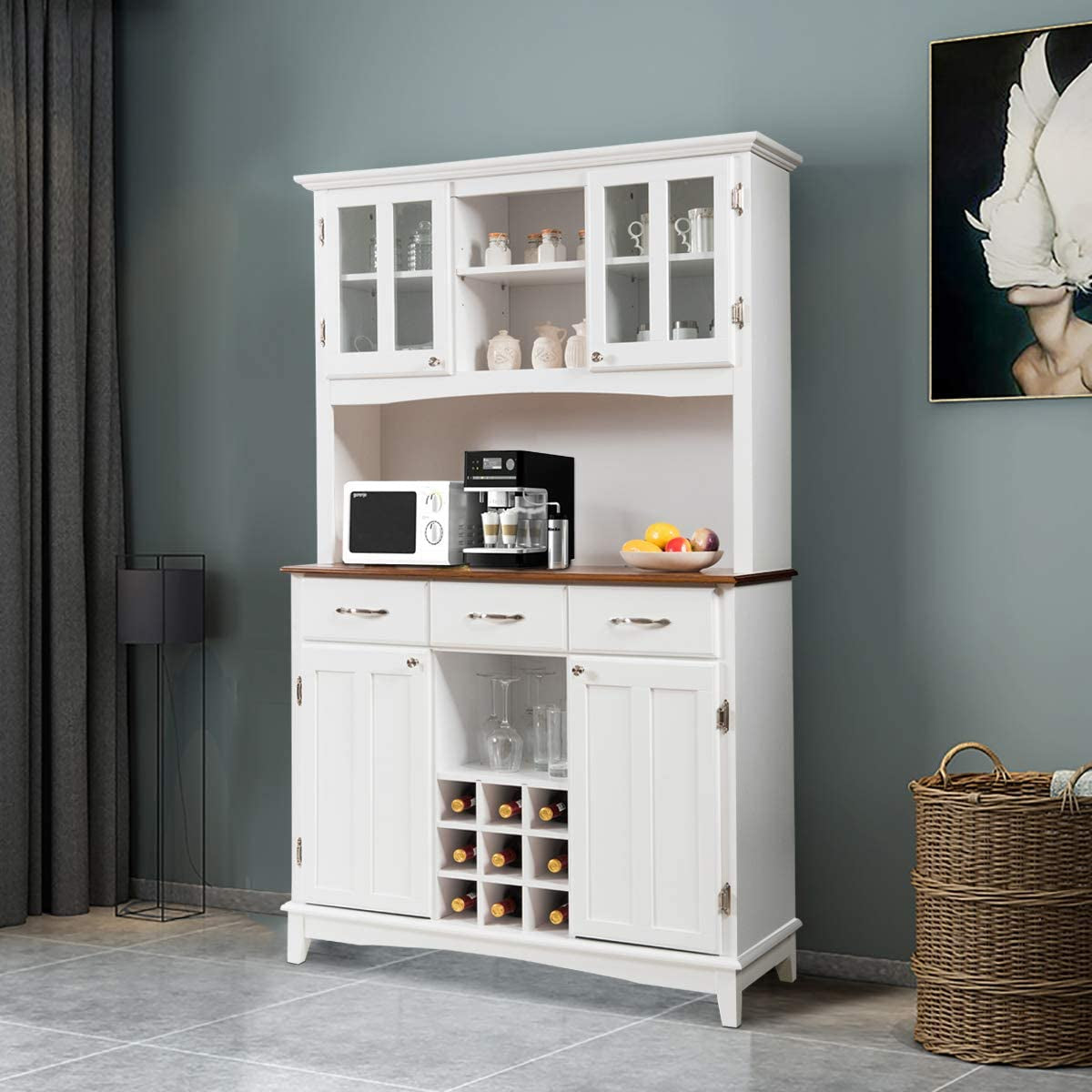 White Kitchen Hutch Sideboard with Wine Bottle Modulars-0