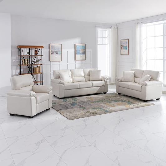White Leather Sofa and Loveseat Chair Set, Modern Luxury and Comfy Furniture Sleeper Couches for Living Room, Apartment, Office, Lounge Room-0