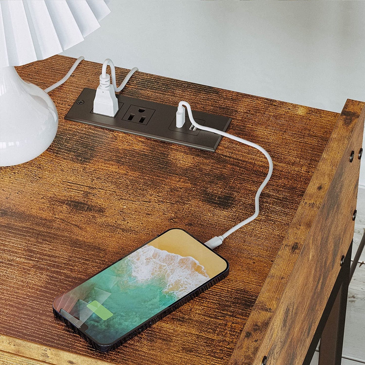 Bedside Table with Charging Station, Vintage Brown-4