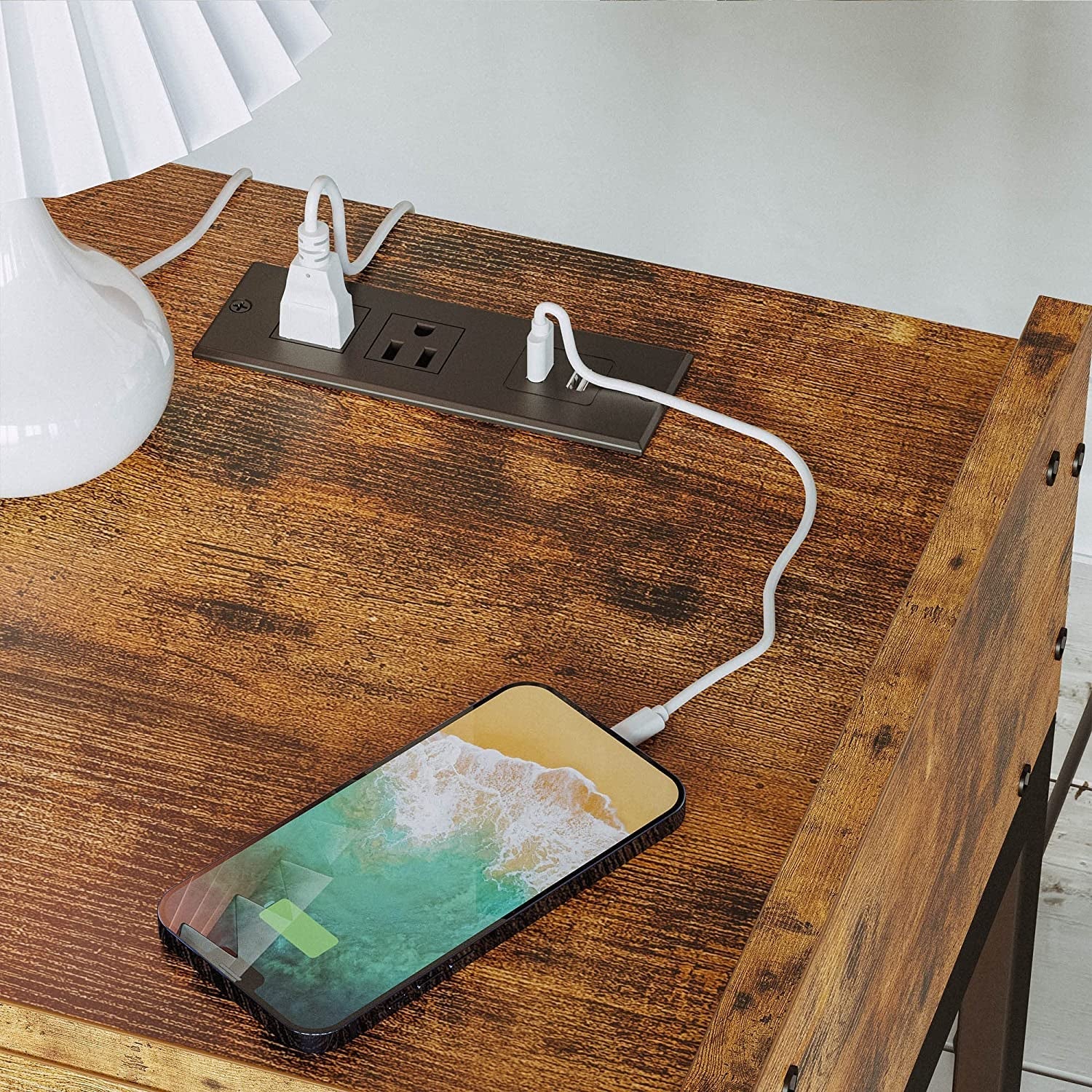 Bedside Table with Charging Station, Vintage Brown-4