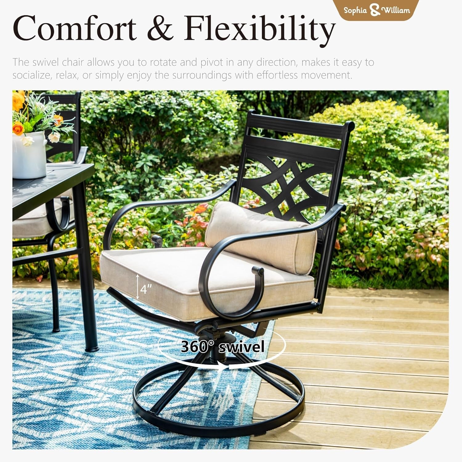 Sophia and William Swivel Patio Dining Set for 4, Outdoor Table and Chairs, Removable Seat Cushions, Black 42" round Patio Dining Table-3