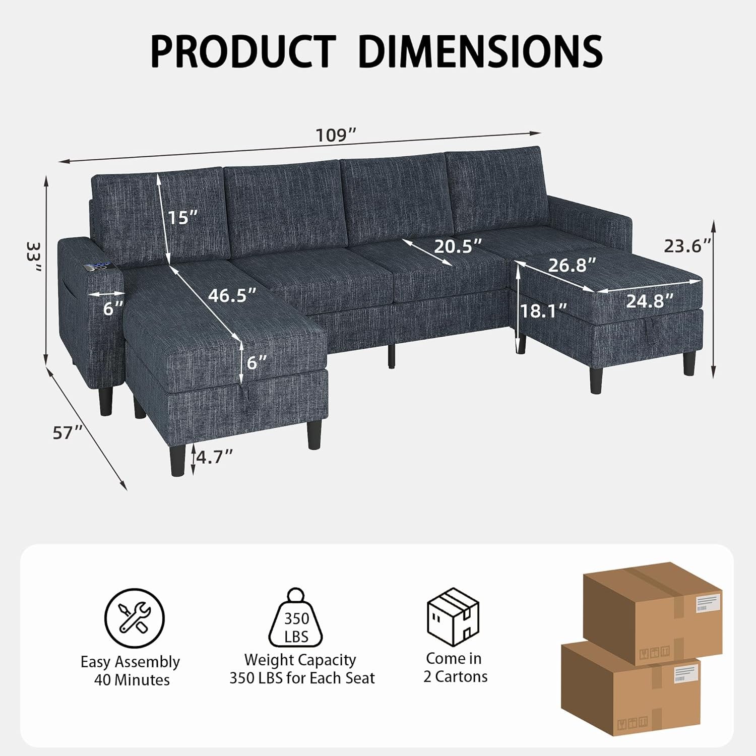 Sectional Couches for Living Room, 4 Seat Linen Sectional Sofa with Reversible Chaise Lounge/Storage Ottoman, U Shaped Couch with Smart Module-Wireless Charging/Usb/Type-C/Rgb Light (Blue)-1