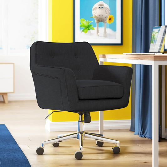 Ashland Home Office Desk Chair with Button Tufted Back, Memory Foam Cushion and Padded Arms, Mid Century Modern Vanity Armchair with Wheels for Bedroom, Chrome Metal Base, Charcoal Gray-1