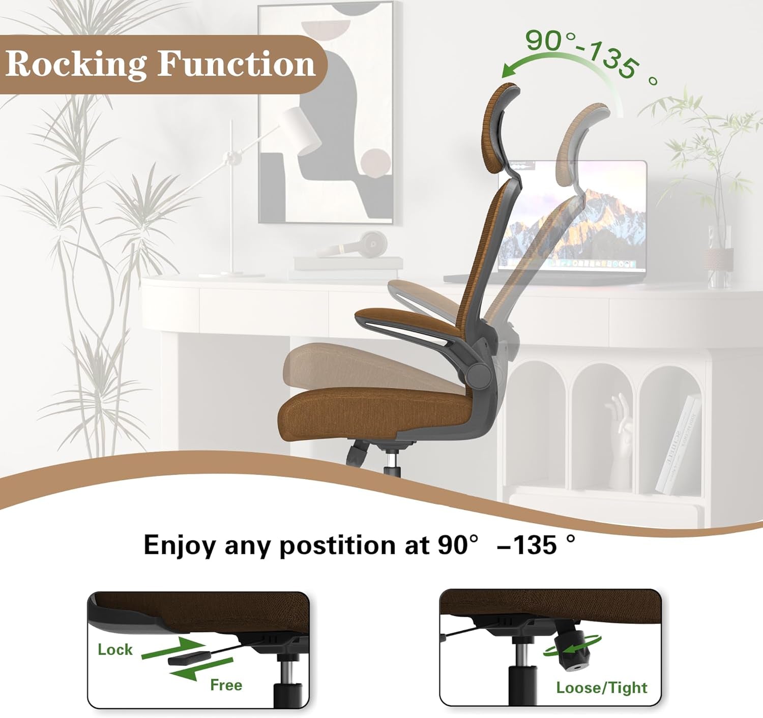 Ergonomic Mesh Office Chair, High Back Computer Desk Chair with Adjustable Lumbar Support & Headrest, Swivel Task Chair with Flip-Up Armrests for Home & Office (English, Brown)-2