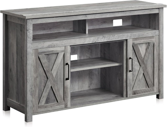 Modern 48 Inch Barn Door Wood TV Stand & Media Entertainment Center Console Table for Tvs up to 50 Inches with Two Open Shelves and Cabinets - Corin (Gray Wash)-0