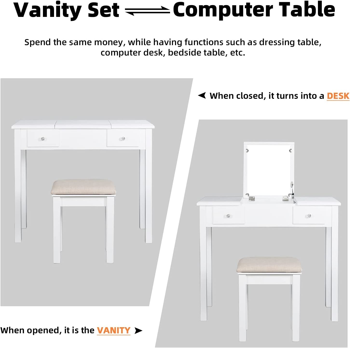 Vanity Table with Flip Top Mirror and Stool Set-3