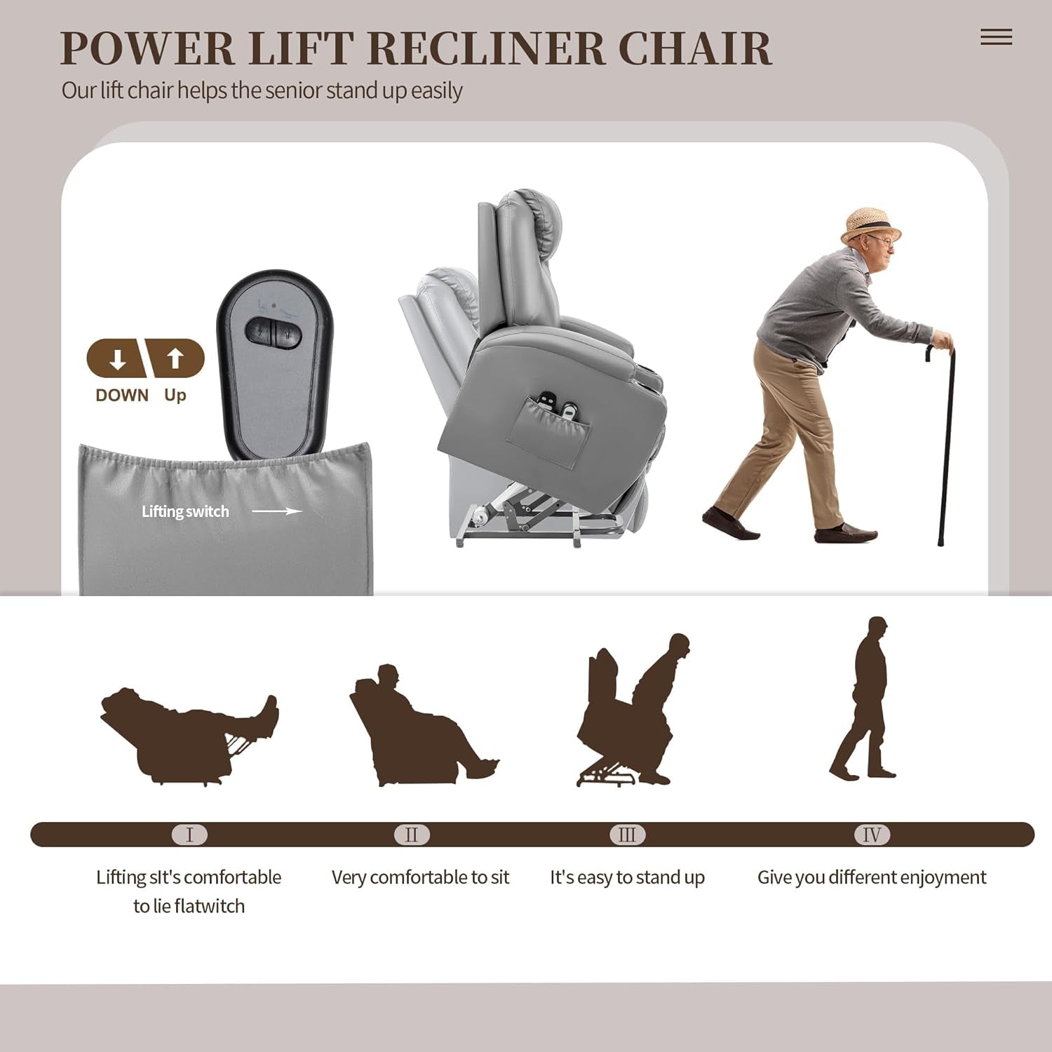 Gray Power Lift Recliner Massage Elderly Cup Holders-4