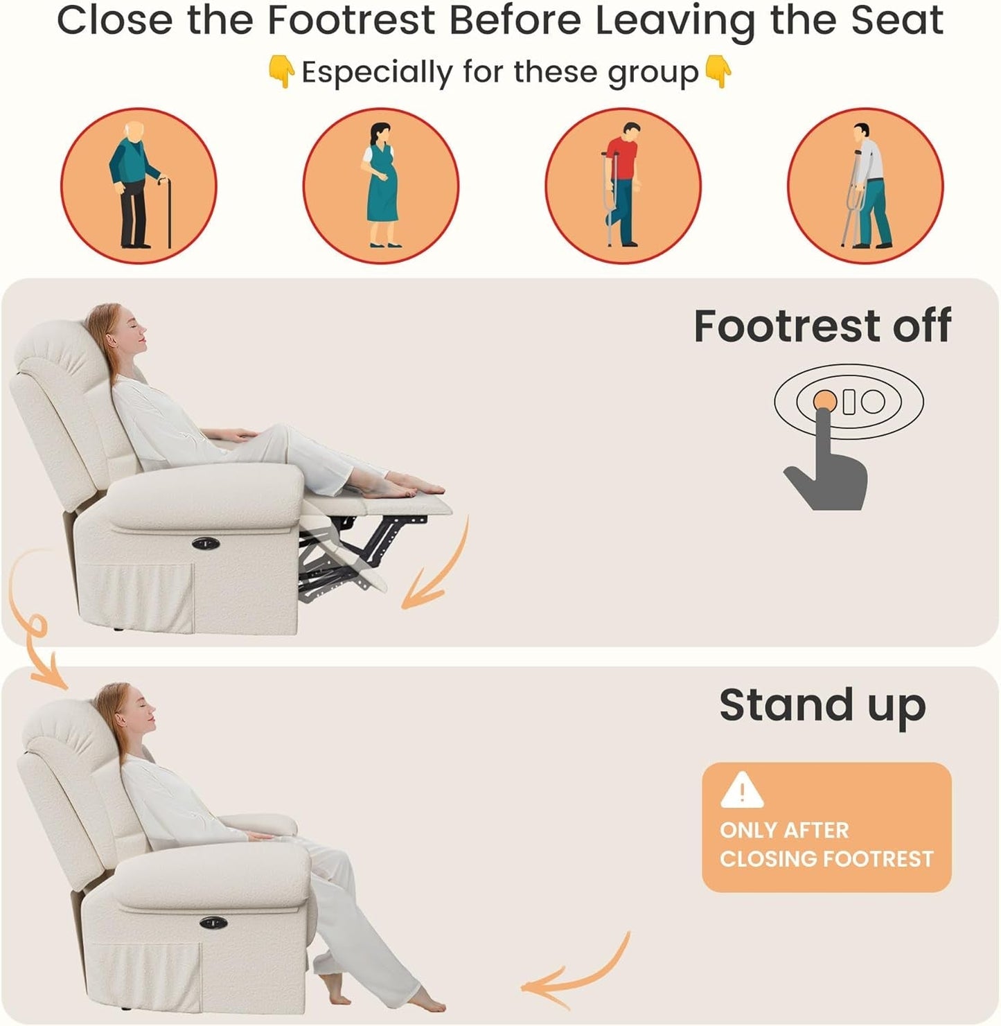 2024 New Power Recliner Chair for Adults, Adjustable Electric Recliner Power Recliner, USB Port, Ultra-Comfy Teddy Fleece Recliner for Living Room, Tool-Less Assembly Single Sofa, Beige White-3