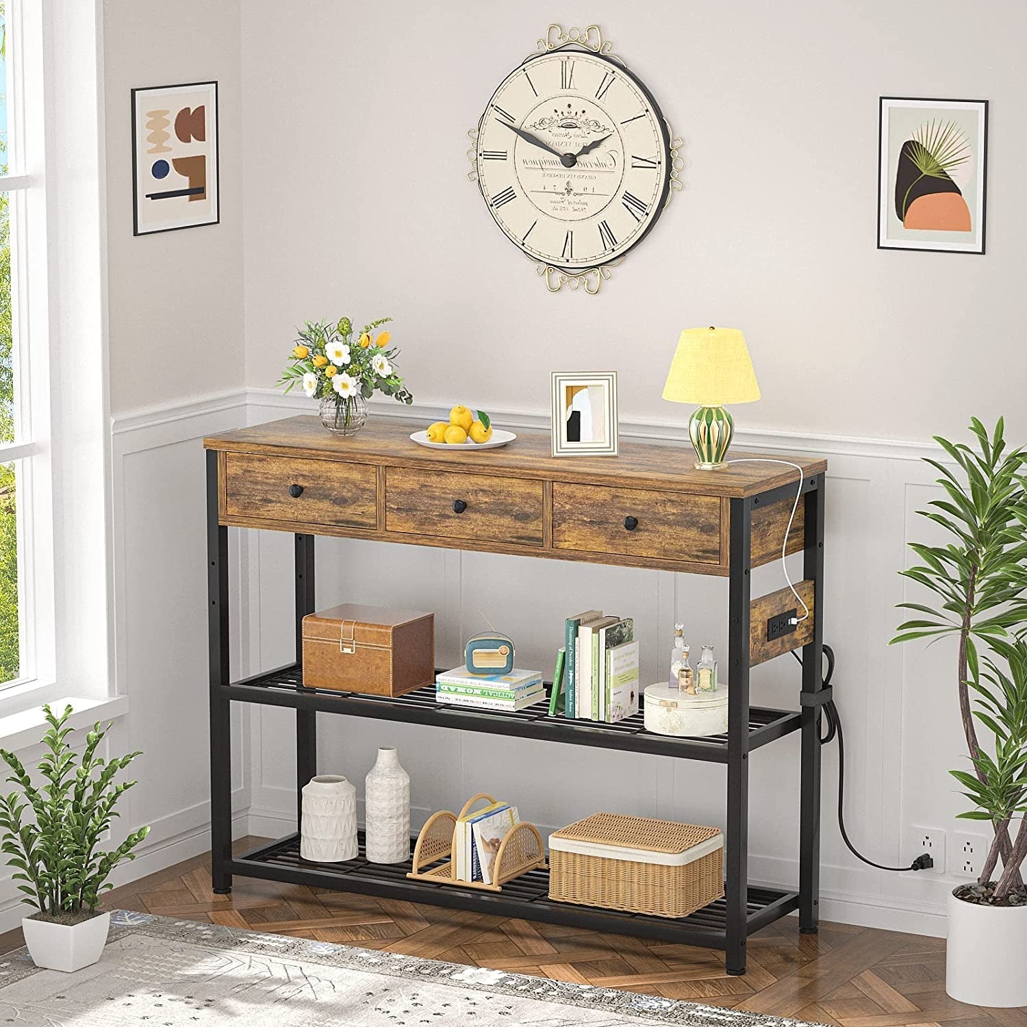 Rustic Console Table with Outlets and Drawers-0