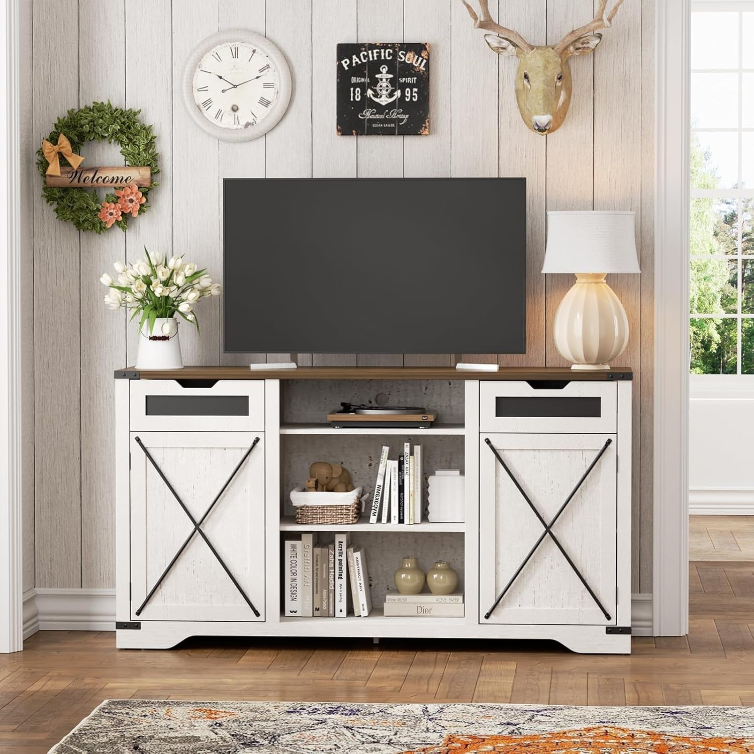 Tall TV Stand, White Entertainment Center with Storage Cabinets for 65 Inch TV, 60'' Modern Media Console Table with Drawers and Adjustable Shelves, Television Stands for Living Room-0