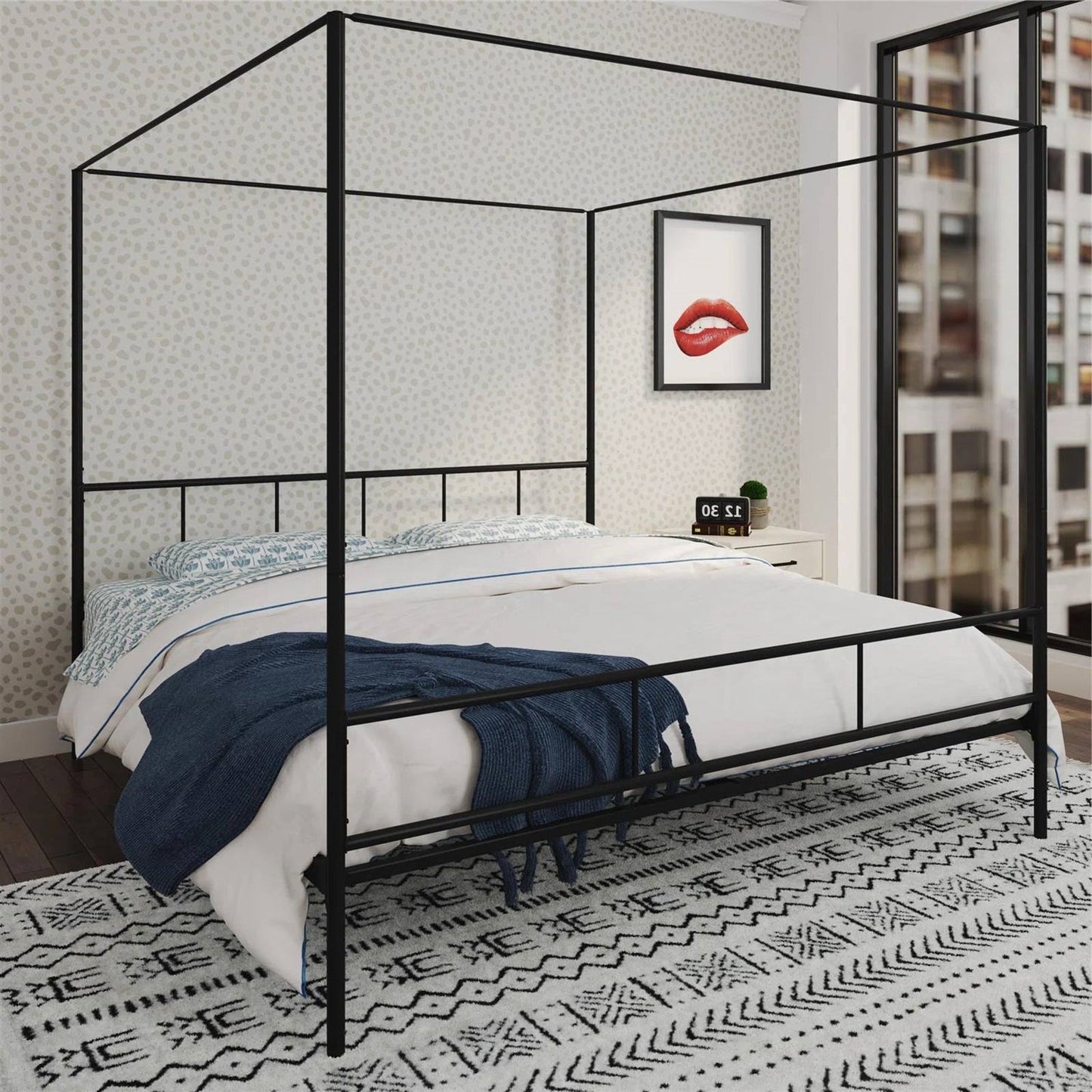 King size Black Metal Canopy Bed Frame with Headboard and Footboard-2