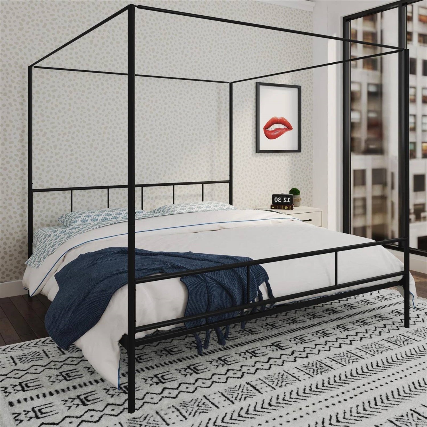 King size Black Metal Canopy Bed Frame with Headboard and Footboard-2