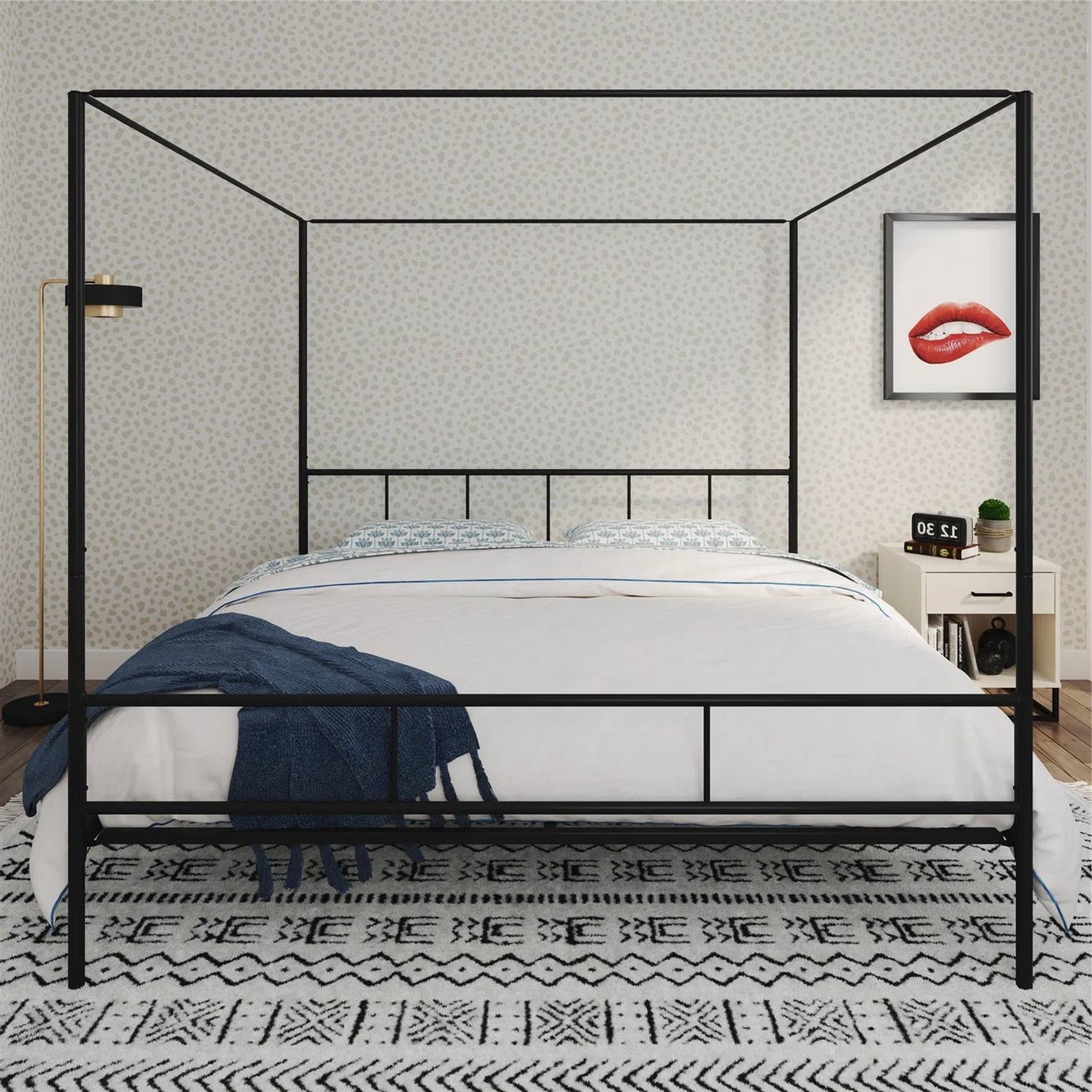 King size Black Metal Canopy Bed Frame with Headboard and Footboard-3
