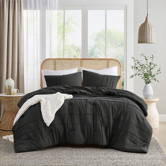 Twin/Twin XL Pre-Washed Pleated Microfiber Comforter Set in Black-0