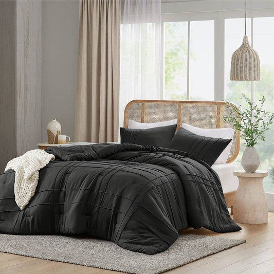 Twin/Twin XL Pre-Washed Pleated Microfiber Comforter Set in Black-1