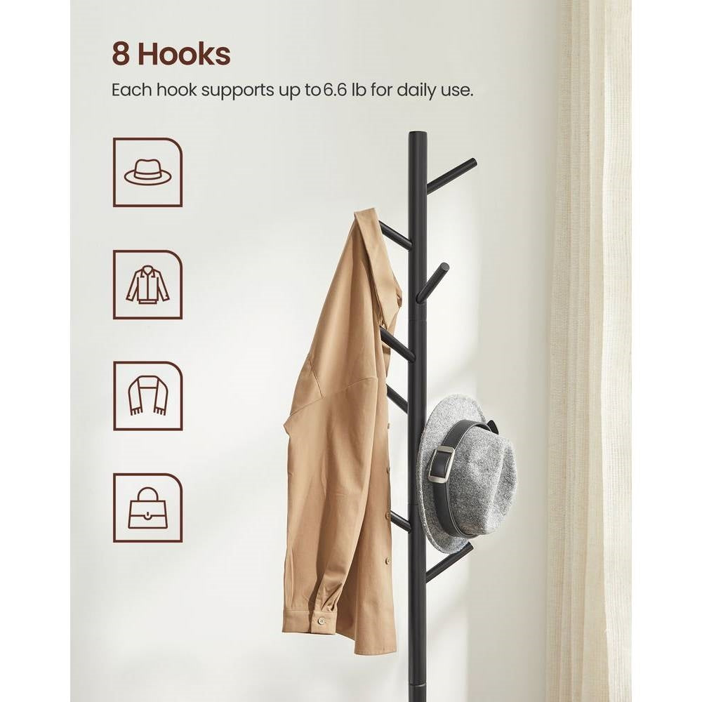 Modern Solid Wood Coat Rack in Black Finish with 8 Hanging Hooks-3