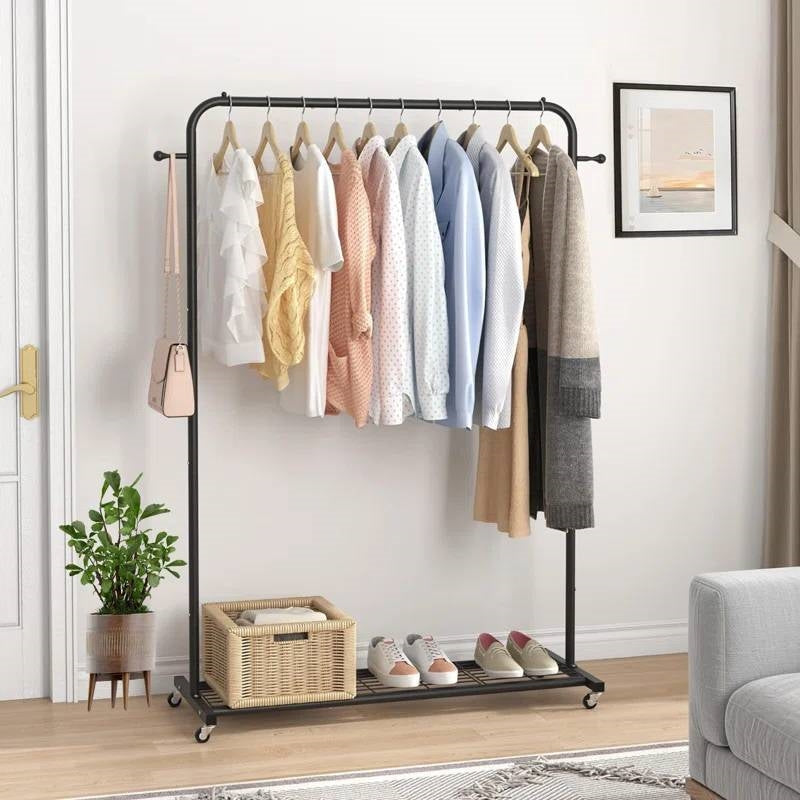 Black Modern Garment Rack Clothes Hanging Rod with Lockable Wheels-0