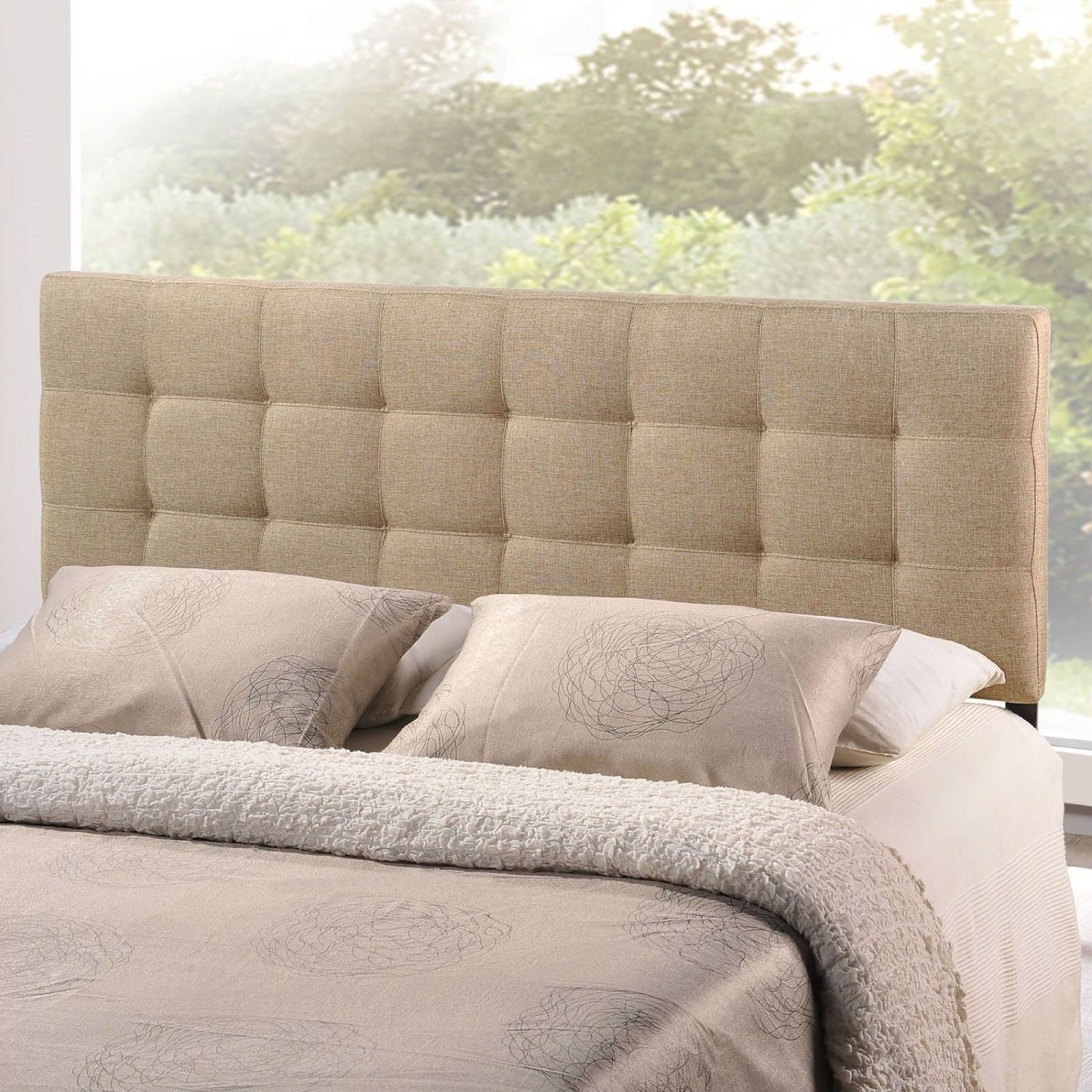 King size Beige Fabric Upholstered Headboard with Modern Tufting-1