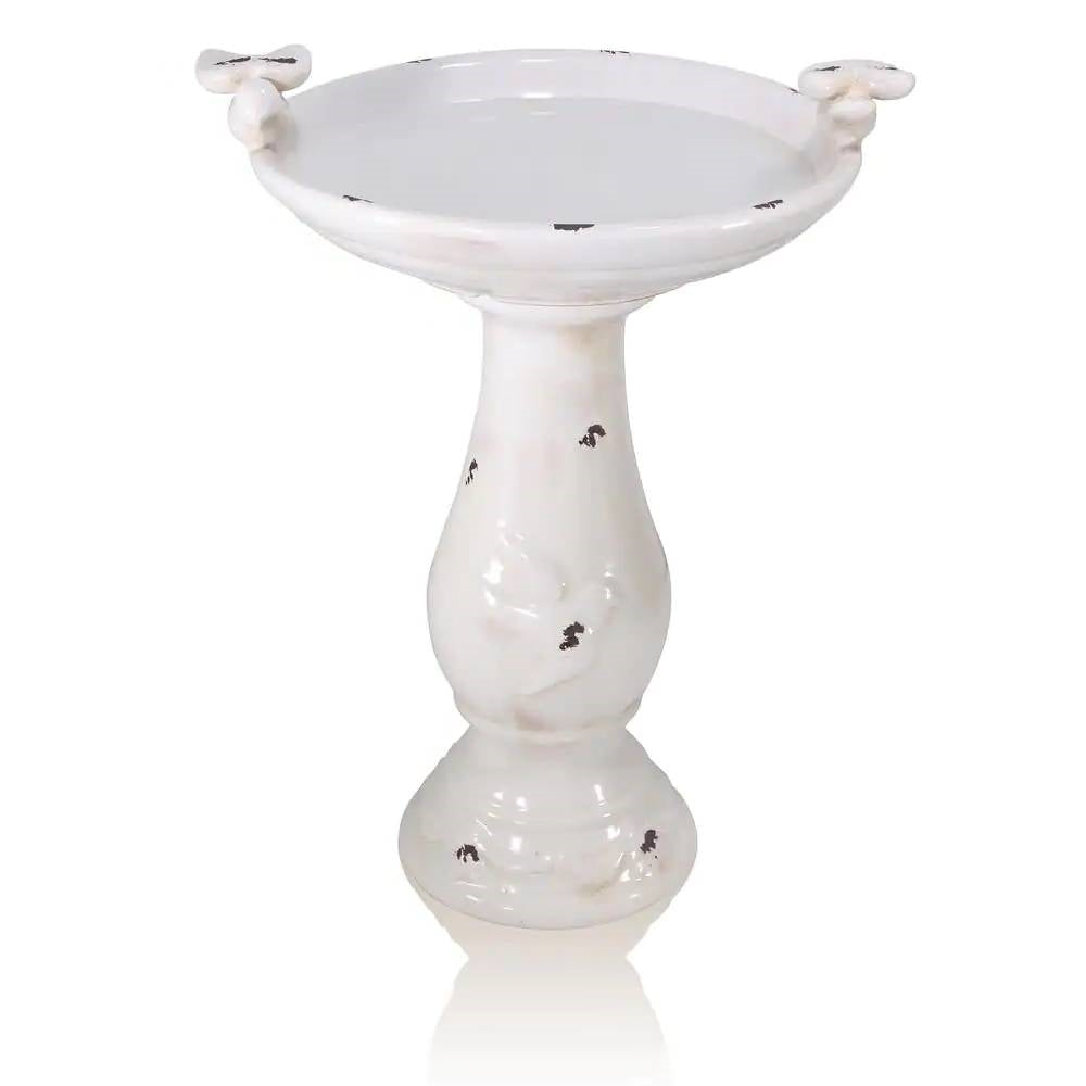 Outdoor Off-White Ceramic Birdbath in Light-Brown Antique Finish-1