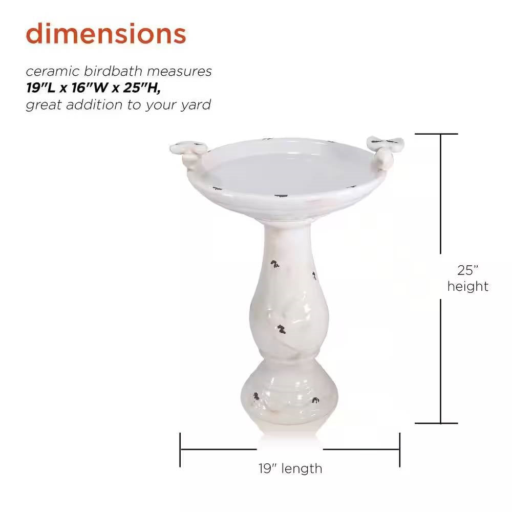 Outdoor Off-White Ceramic Birdbath in Light-Brown Antique Finish-4