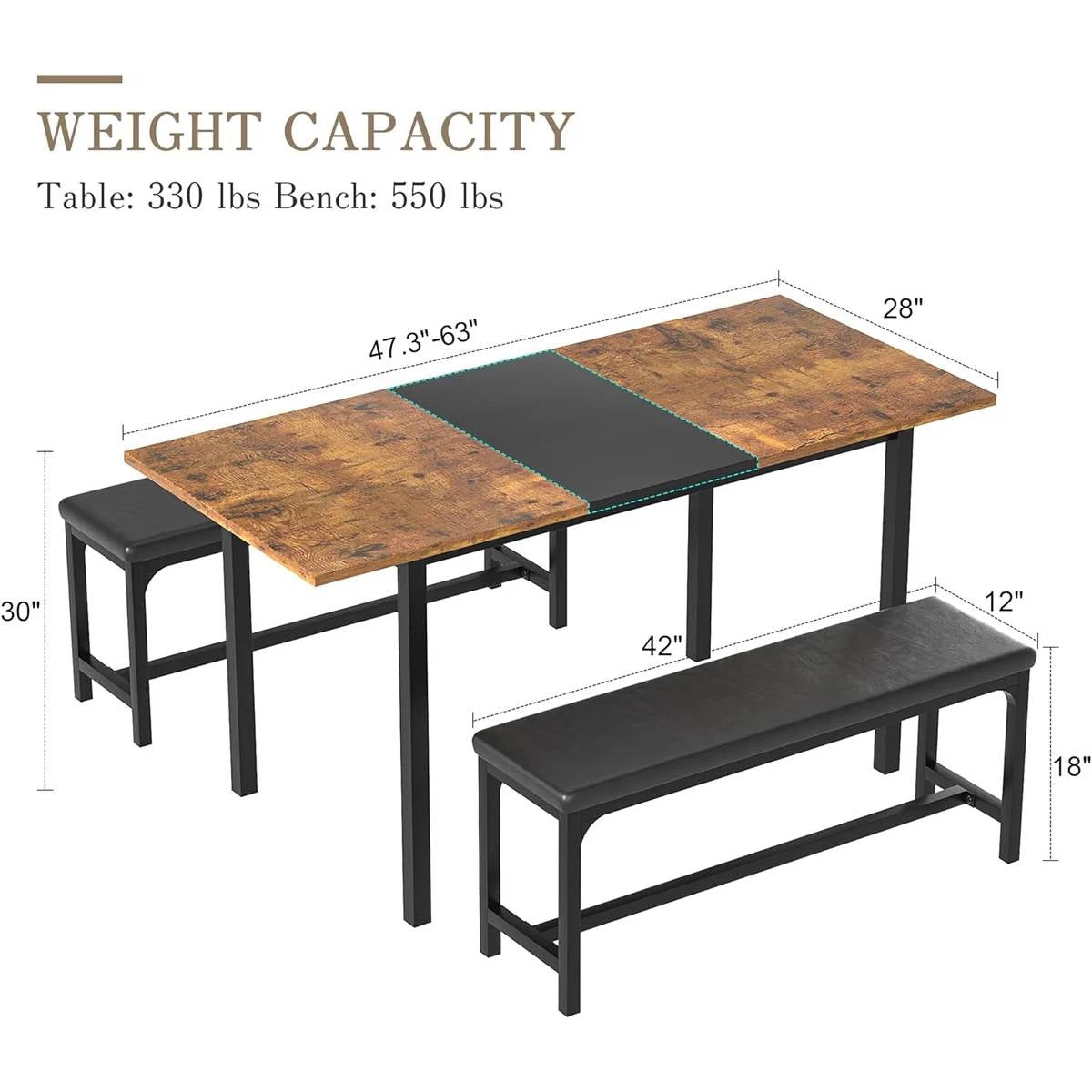 Modern 3-Piece Dining Set with Expandable Kitchen Table and 2 Backless Benches-4