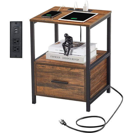 Modern Metal Wood Side End Table Nightstand Shelf with USB Charging Ports-0