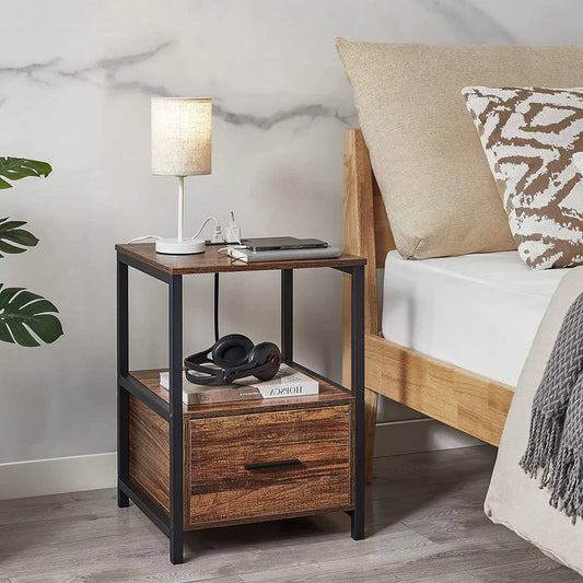 Modern Metal Wood Side End Table Nightstand Shelf with USB Charging Ports-1