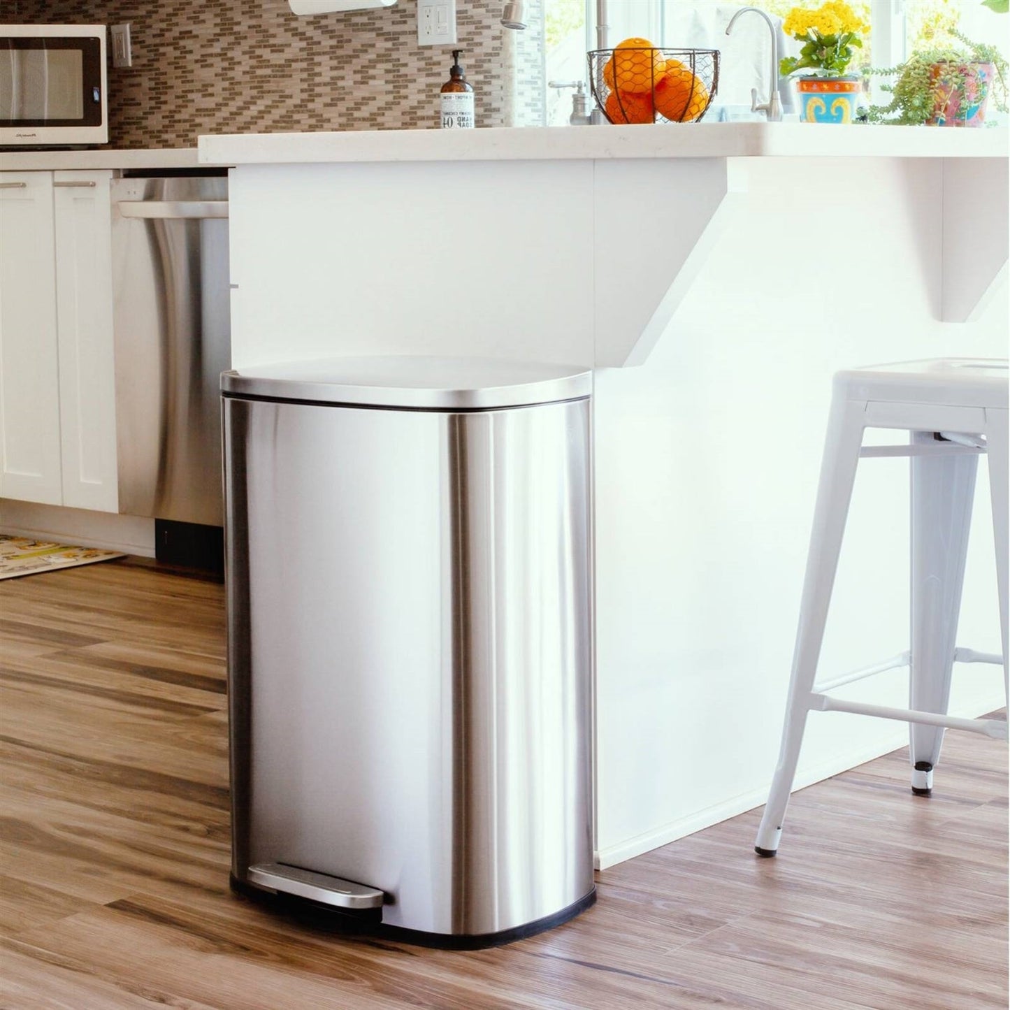13 Gallon Brushed Stainless Steel Kitchen Trash Can with Step Open Lid-1