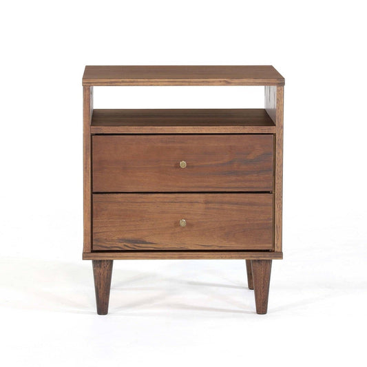 Farmhouse Rustic Walnut Mid Century 2 Drawer Nightstand-1